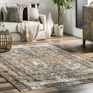 nuLOOM Charvi Distressed Medallion Fringe Area Rug - 7x10 Area Rug Vintage Beige/Ivory Rugs for Living Room Bedroom Dining Room Kitchen