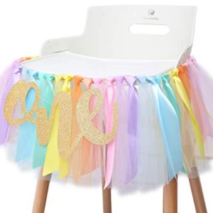 Pastel Rainbow High Chair Banner for 1st Birthday - Party Supplies for Highchair Tutu Skirt, First Birthday with One Pennant,Rainbow Birthday Decorations for Girls (Rainbow Banner)