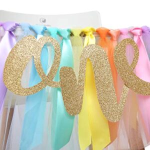 Pastel Rainbow High Chair Banner for 1st Birthday - Party Supplies for Highchair Tutu Skirt, First Birthday with One Pennant,Rainbow Birthday Decorations for Girls (Rainbow Banner)