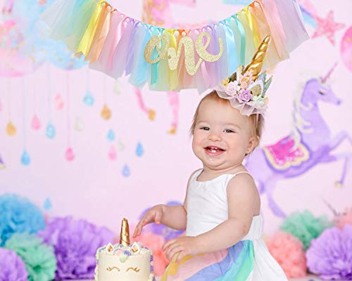 Pastel Rainbow High Chair Banner for 1st Birthday - Party Supplies for Highchair Tutu Skirt, First Birthday with One Pennant,Rainbow Birthday Decorations for Girls (Rainbow Banner)