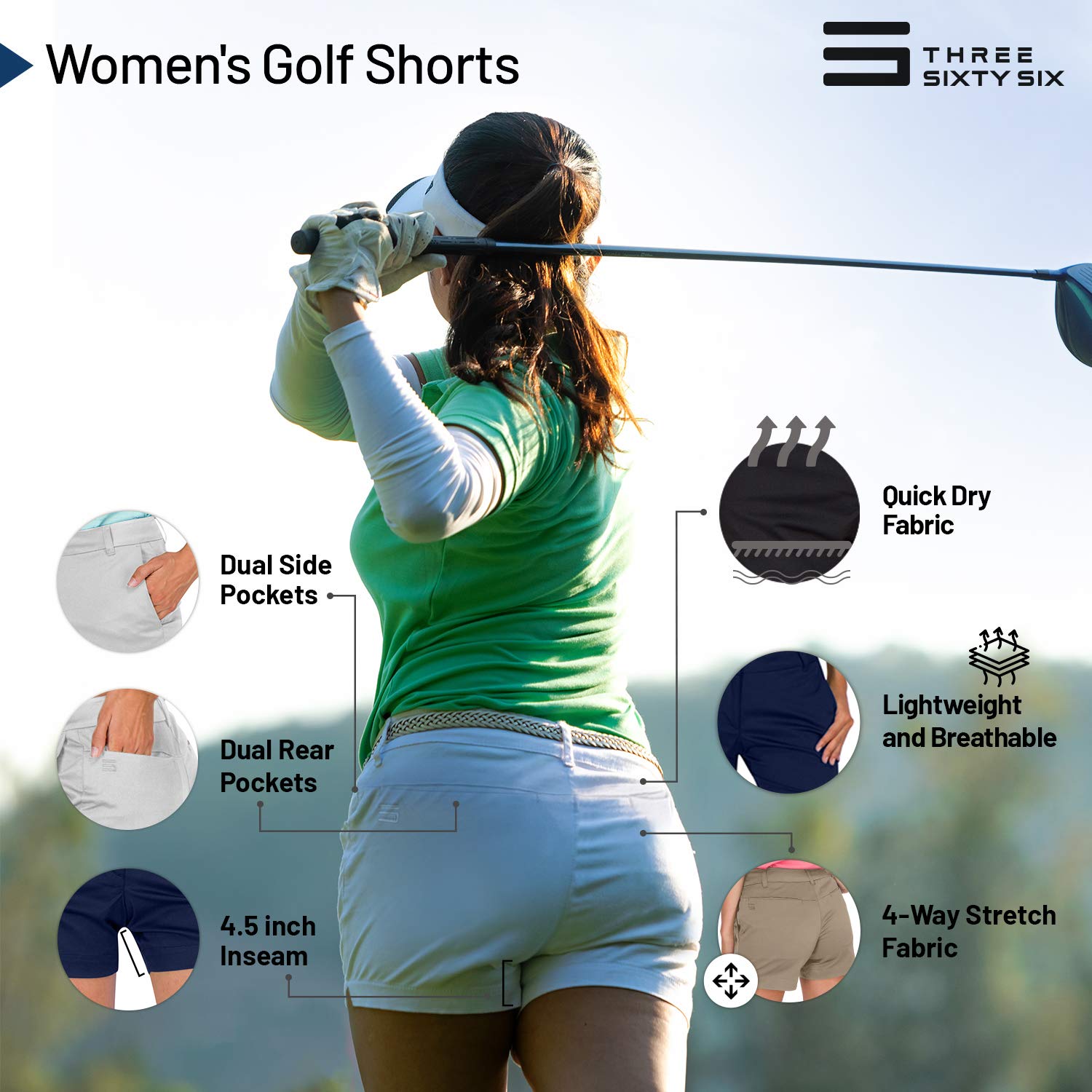 Three Sixty Six Womens Golf Shorts 4 ½ Inch Inseam - Quick Dry Active Shorts with Pockets, Athletic and Breathable Ice White