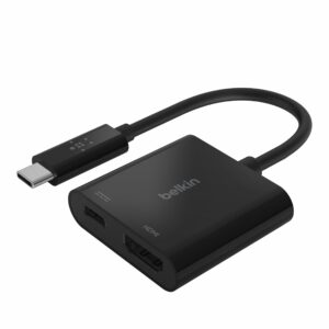 belkin usb c to hdmi adapter + usbc charging port to charge while you display, supports 4k uhd video, passthrough power up to 60w for connected devices, compatible with macbook, ipad, windows