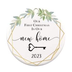 two-side printed ceramic new home 2023 ornament, our first christmas in our new home 2023 christmas ornament, housewarming gift