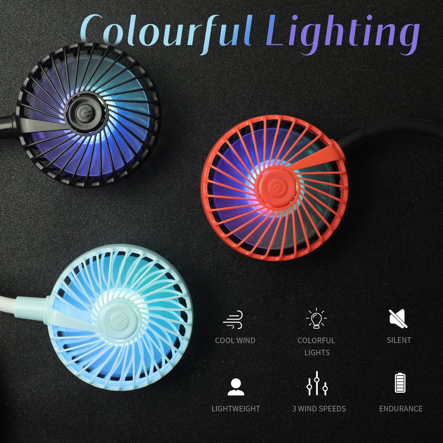 VAGAU Portable Cooling Neck Fan, Rechargeable USB Personal Neck Fan with Colorful LED lights, 360° Rotation, Wearable Neck Fan Air Conditioner for Office Travel Sport, 3 Adjustable Speeds（Black）