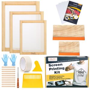 caydo 23 pieces screen printing starter kit include 3 different size of wood silk screen printing frame with mesh, screen printing squeegees, inkjet transparency film, ink knife, and mask tape