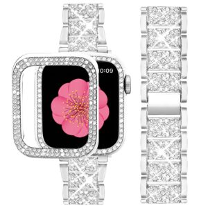supoix compatible with apple watch band 38mm + case, women jewelry bling diamond metal strap & 2 pack protective cover cases for iwatch series 3/2/1(silver/38mm)