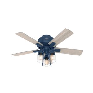hunter hartland low profile indoor ceiling fan with led lights and pull chain, 44", indigo blue