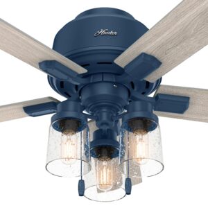 Hunter Hartland Low Profile Indoor Ceiling Fan with LED Lights and Pull Chain, 44", Indigo Blue