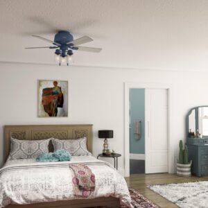 Hunter Hartland Low Profile Indoor Ceiling Fan with LED Lights and Pull Chain, 44", Indigo Blue