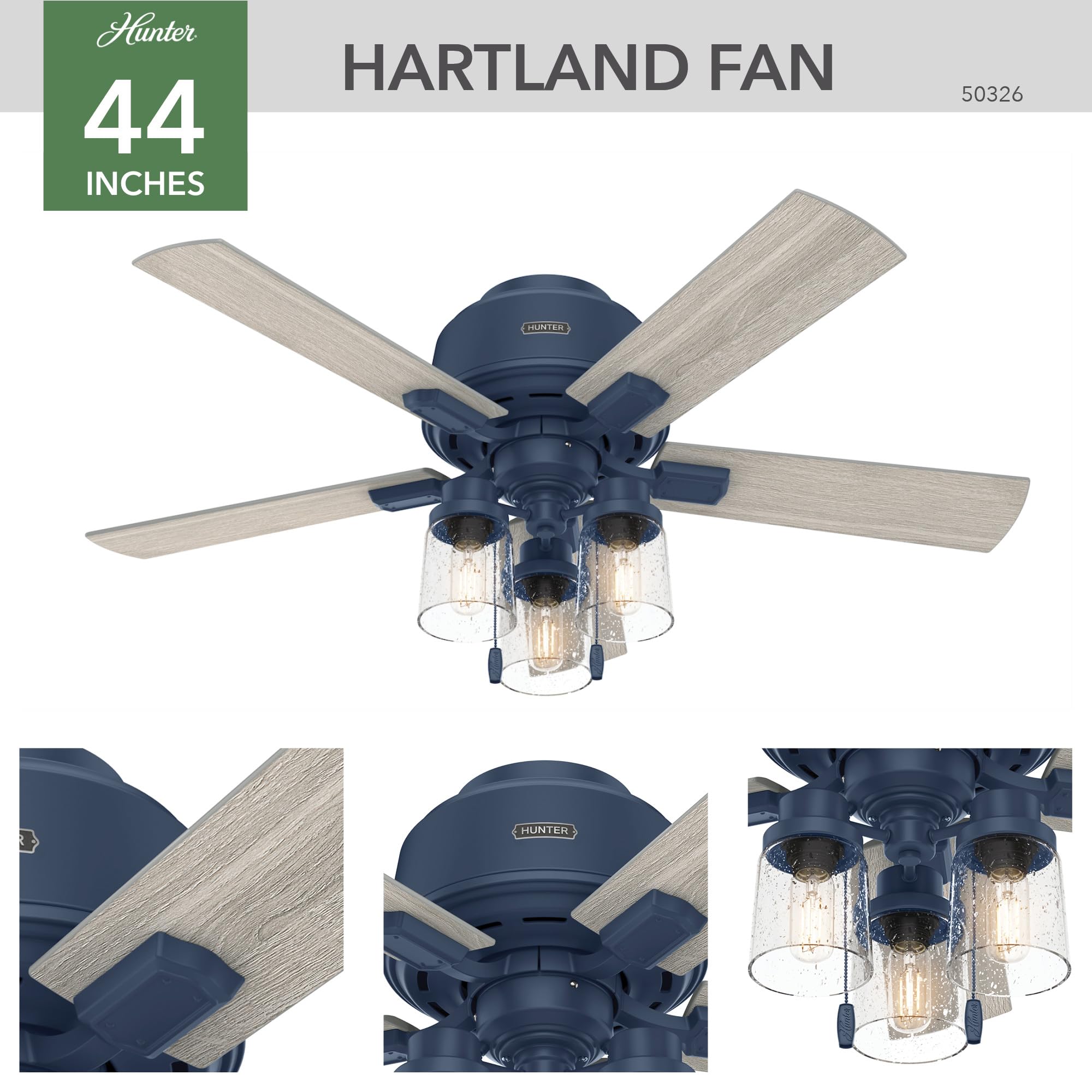 Hunter Hartland Low Profile Indoor Ceiling Fan with LED Lights and Pull Chain, 44", Indigo Blue