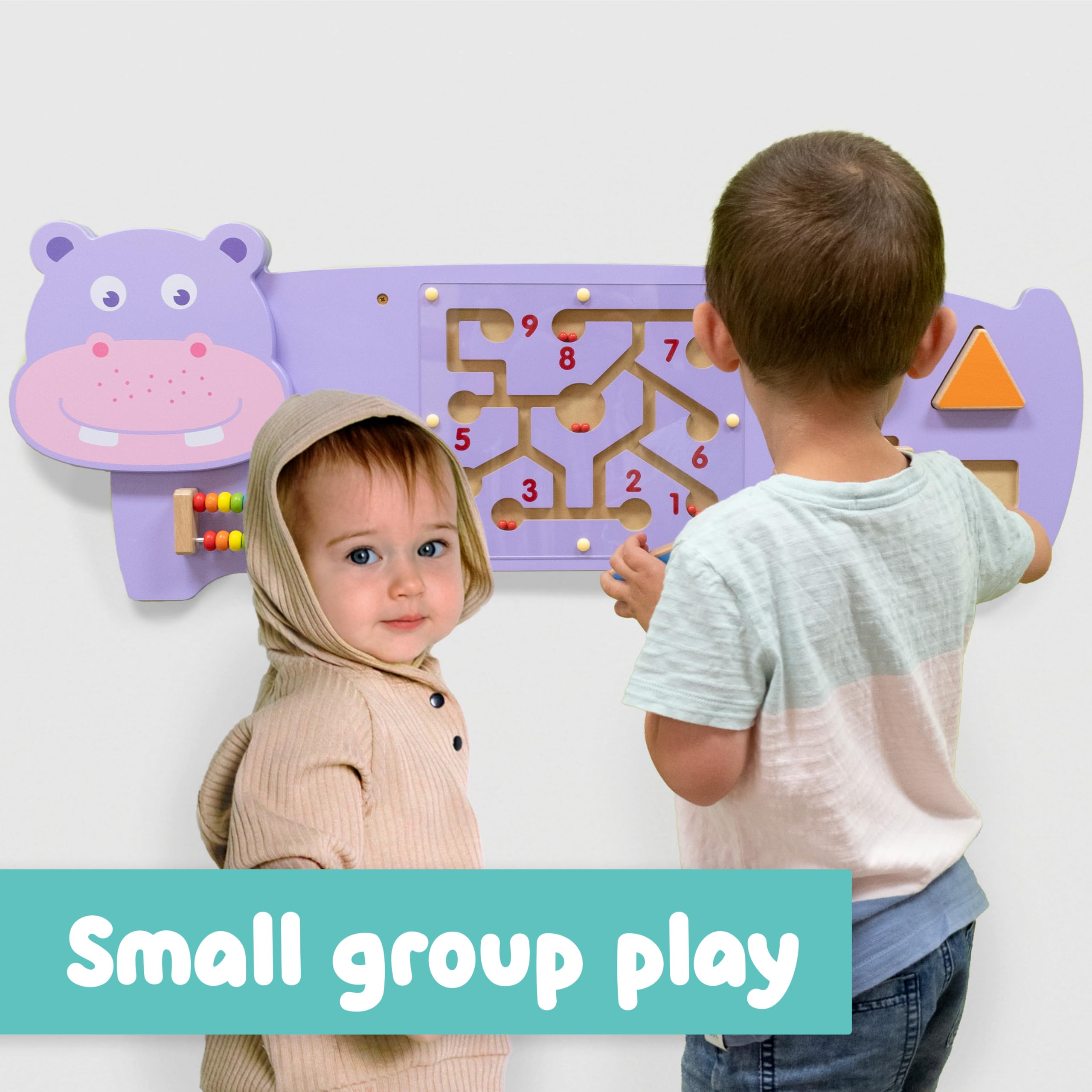 SPARK & WOW Hippo Activity Wall Panel - Ages 18m+ - Montessori Sensory Wall Toy - 3 Activities - Busy Board - Toddler Room Décor