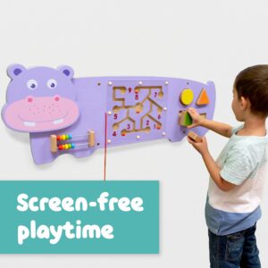 SPARK & WOW Hippo Activity Wall Panel - Ages 18m+ - Montessori Sensory Wall Toy - 3 Activities - Busy Board - Toddler Room Décor