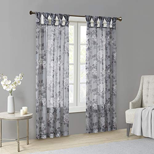 Madison Park Simone Floral Design Sheer Single Window Curtain Voile Privacy Drape for Bedroom, Livingroom, 50" x 84", Grey (MP40-6614)