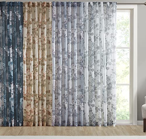 Madison Park Simone Floral Design Sheer Single Window Curtain Voile Privacy Drape for Bedroom, Livingroom, 50" x 84", Grey (MP40-6614)