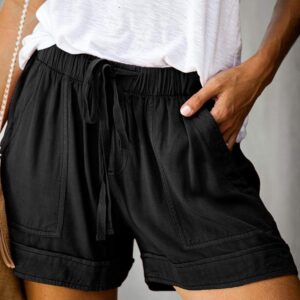 ANFTFH Women Casual Solid Color Shorts Loose Elastic Waist Pants Summer Vacation Black L