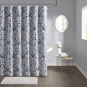 madison park odette fabric shower curtain luxe textured jacquard, damask medallion machine washable modern home bathroom decor, bathtub privacy screen, 72" x 72", navy/silver