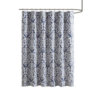 Madison Park Odette Fabric Shower Curtain Luxe Textured Jacquard, Damask Medallion Machine Washable Modern Home Bathroom Decor, Bathtub Privacy Screen, 72" x 72", Navy/Silver