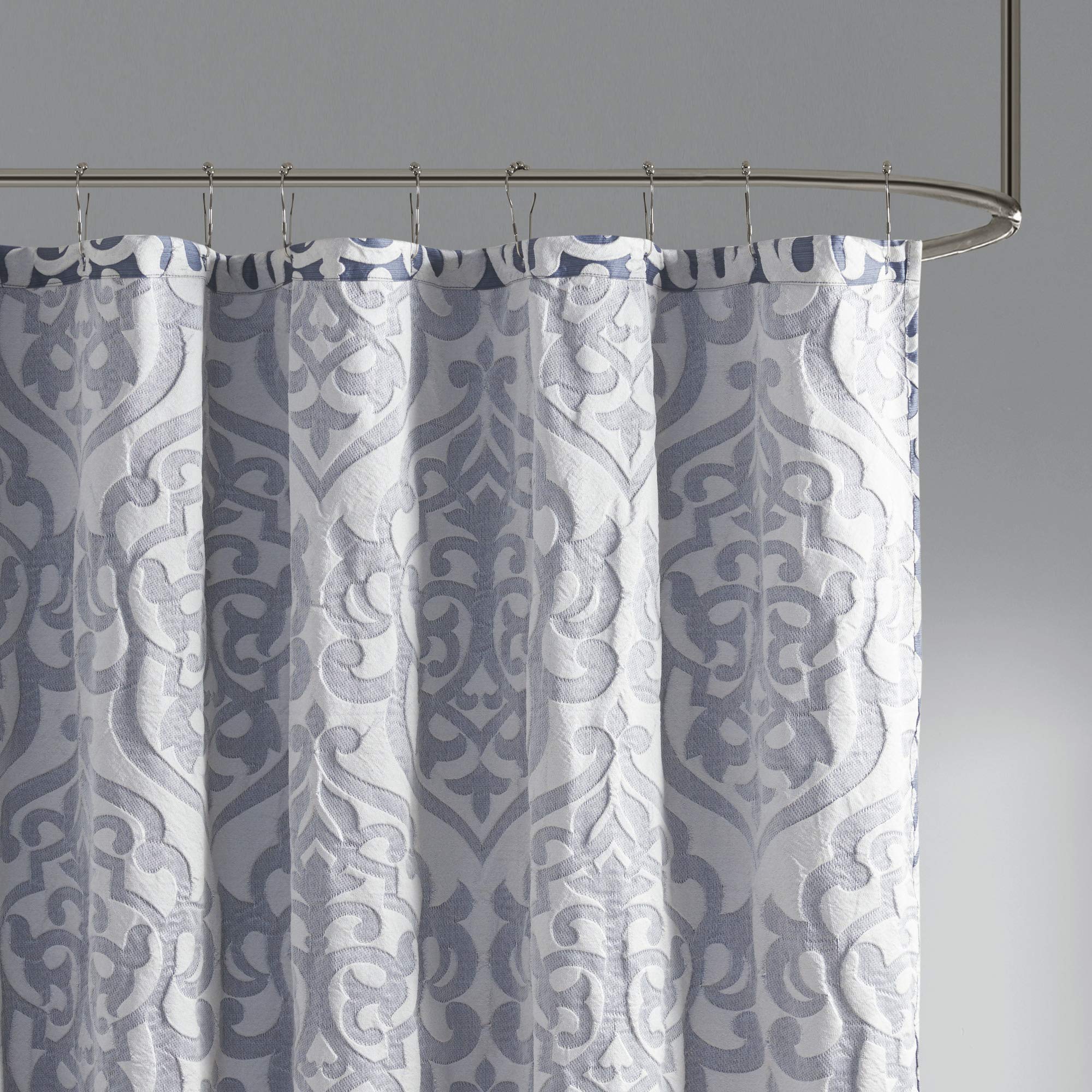 Madison Park Odette Fabric Shower Curtain Luxe Textured Jacquard, Damask Medallion Machine Washable Modern Home Bathroom Decor, Bathtub Privacy Screen, 72" x 72", Navy/Silver