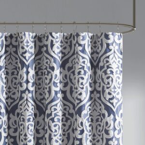 Madison Park Odette Fabric Shower Curtain Luxe Textured Jacquard, Damask Medallion Machine Washable Modern Home Bathroom Decor, Bathtub Privacy Screen, 72" x 72", Navy/Silver