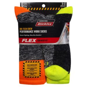 genuine-dickies men's dri-tech premium performance crew work sock 6-pair-pack (hi-visibility multi-color, shoe size: 6-12)