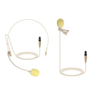 phenyx pro beige color lavalier lapel & headset mic combo with mini xlr jack, hands-free clip-on lapel mic, and flexible wired boom headset, compatible with all wireless mic system