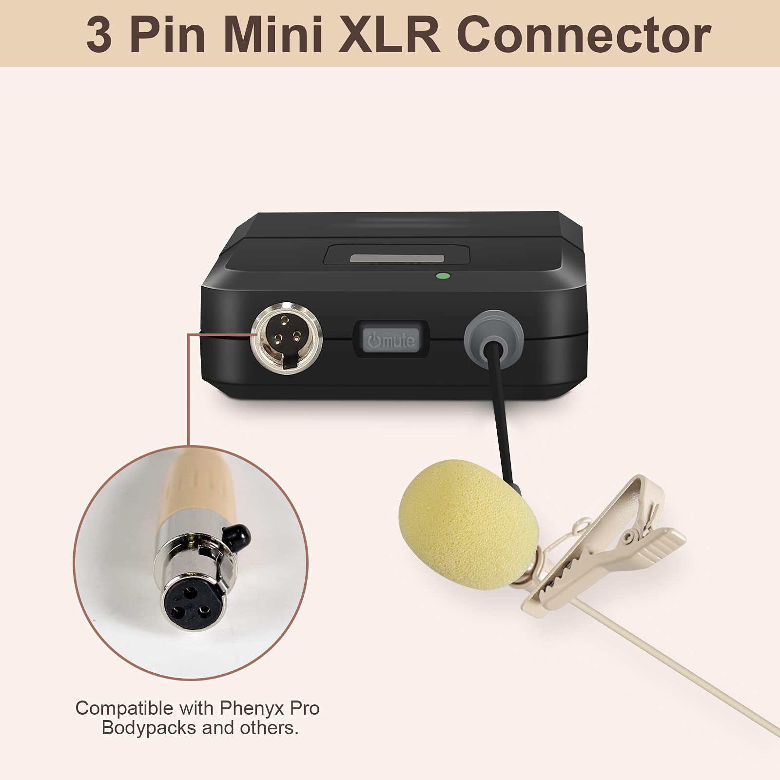 Phenyx Pro Beige Color Lavalier Lapel & Headset Mic Combo with Mini XLR Jack, Hands-Free Clip-on Lapel Mic, and Flexible Wired Boom Headset, Compatible with All Wireless Mic System