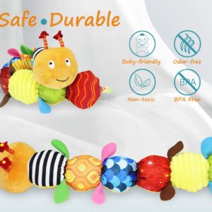 FIOLOM Stuffed Caterpillar Baby Toys Musical Soft Infant Toy Texture Sensory Plush Toys Crinkle Rattle with Ring Bell Ruler Design for Crawling Babies Boys Girls Newborn Preschool Toddler 3+ Month