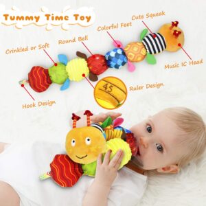 FIOLOM Stuffed Caterpillar Baby Toys Musical Soft Infant Toy Texture Sensory Plush Toys Crinkle Rattle with Ring Bell Ruler Design for Crawling Babies Boys Girls Newborn Preschool Toddler 3+ Month