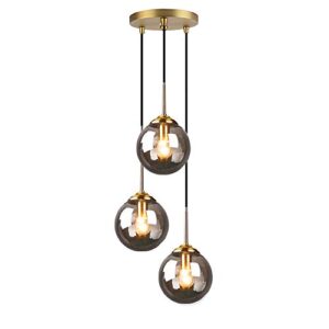 h xd global industrial retro loft 3 way pendant light, cluster chandelier hanging lamp fixture brass fittings with glass globe lampshade (grey)