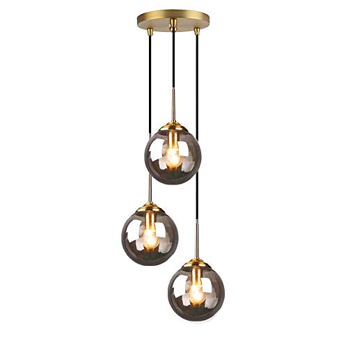 H XD GLOBAL Industrial Retro Loft 3 Way Pendant Light, Cluster Chandelier Hanging Lamp Fixture Brass Fittings with Glass Globe Lampshade (Grey)