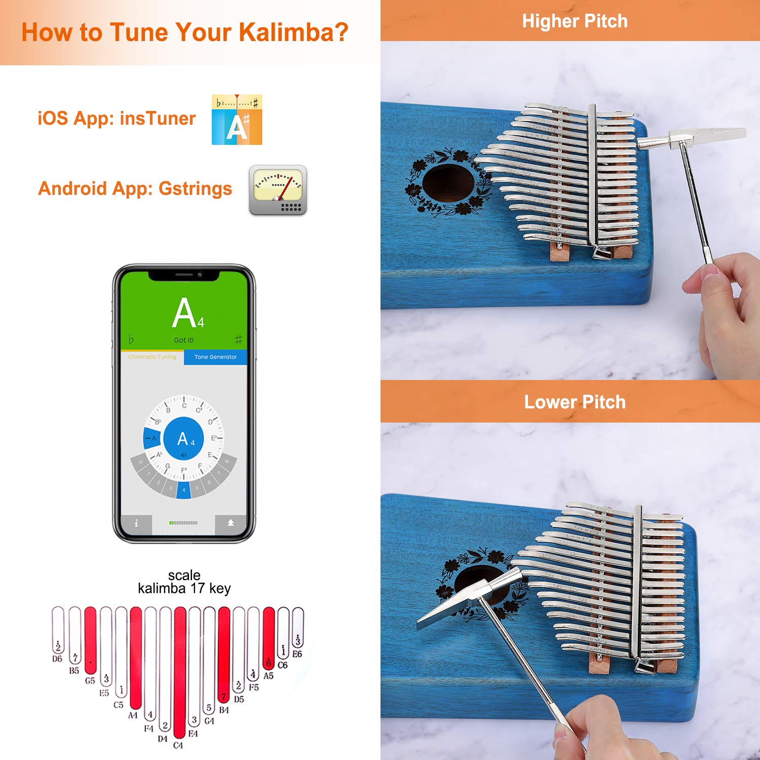 Kalimba Thumb Piano 17 Keys, Portable Mbira Finger Piano Gifts for Kids and Adults Beginners, Easy to Learn Finger Piano Music, Ocean Blue