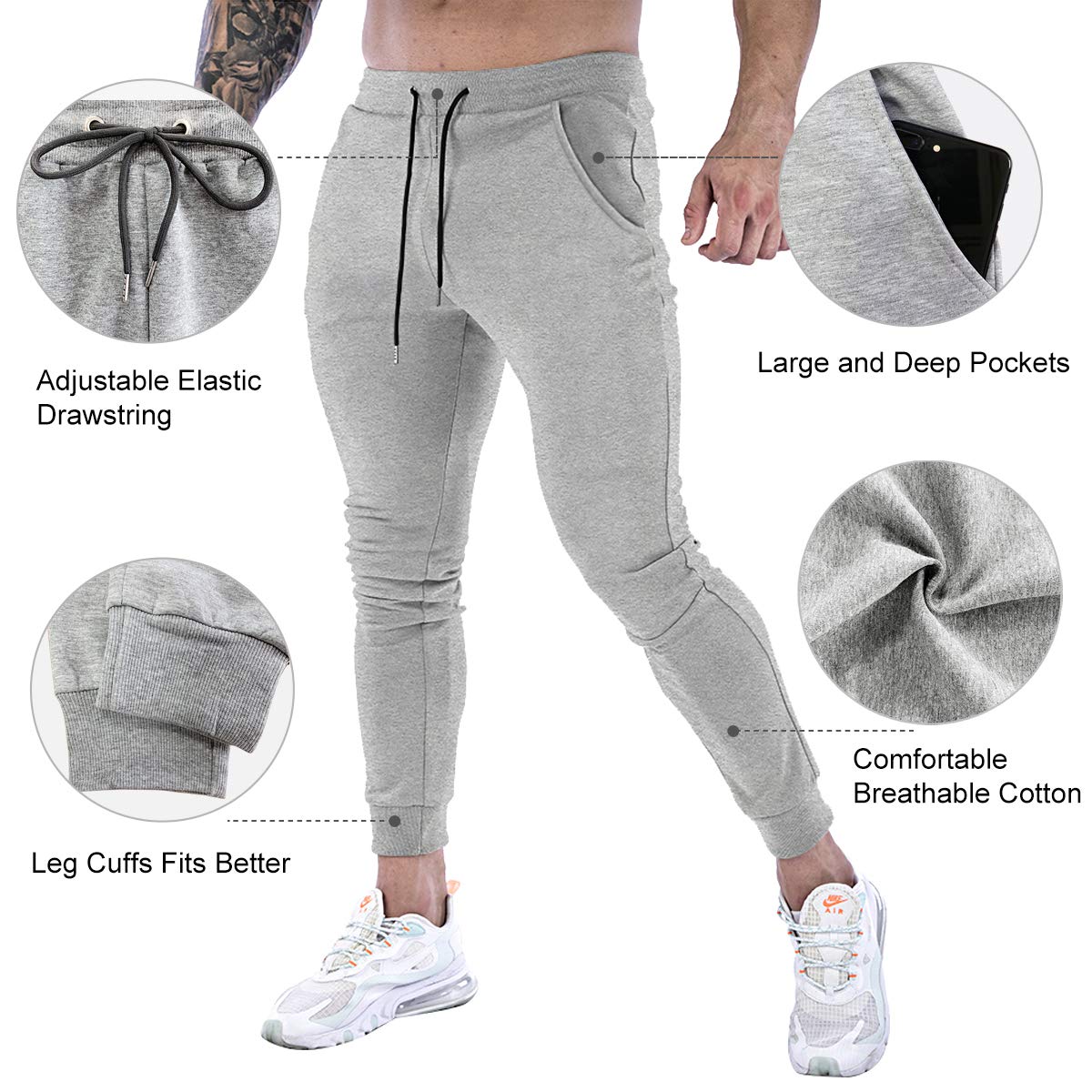 Wangdo Men's Slim Joggers Gym Workout Pants,Sport Training Tapered Sweatpants,Casual Athletics Joggers for Running (Grey-L)