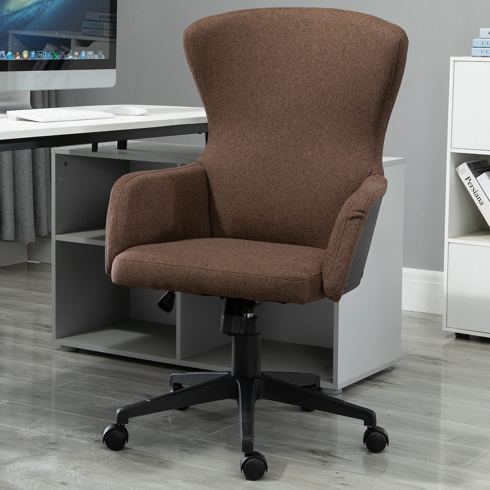 Vinsetto Swivel Office Chair Modern Linen Upholstered Home Computer Desk Task Chair with Cushioned Arm, Wheels, Adjustable Height, Brown