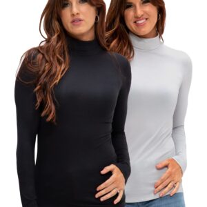 DEVOPS Womens 2-Pack Long Sleeve Mock Turtleneck Stretch Fitted Shirts (Black/Light Gray, Large)