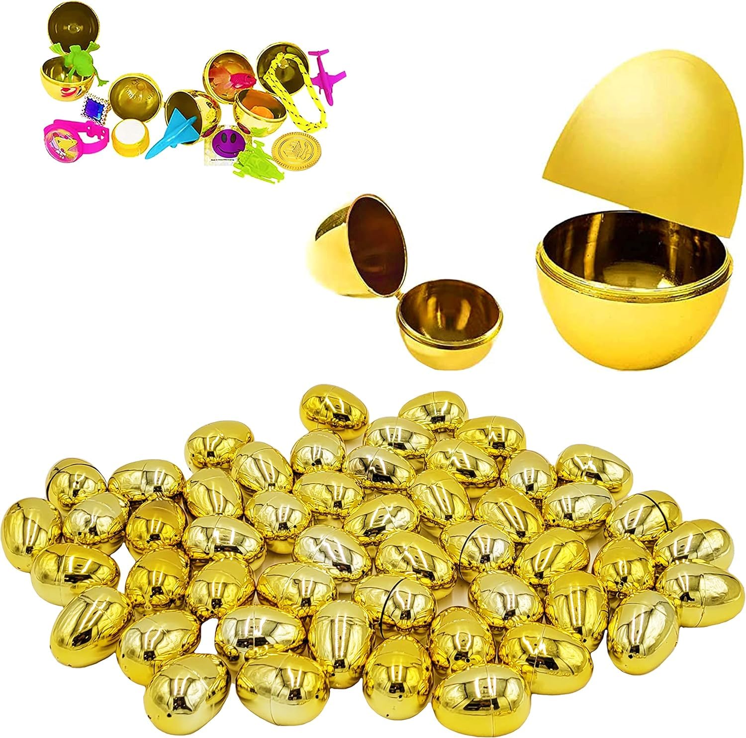 The Dreidel Company Golden Easter Eggs Metallic Gold, Goodie Basket Prize, Eggs are Hinged, 2.38" Inch (12-Pack)