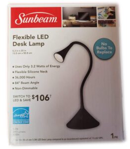 black sunbeam flexible led desk lamp - no bulbs to replace- 5.3 in x 20 in - 3.2w - 290 lumens - 4000k - 36,000 hours non-dimmable