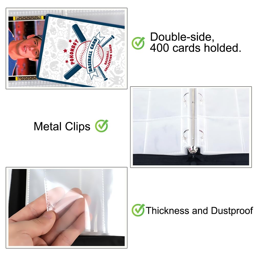 POKONBOY Baseball Card Binder Sleeves for Trading Cards, Baseball Card Sleeves Card Holder Protectors Set for Football Cards and Sports Cards (Holds Up to 400)