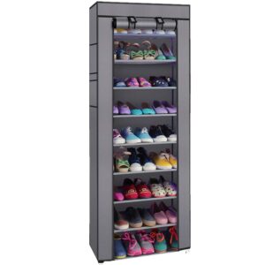 wei wei global 10-tier shoe rack, 27 paris shoe storage organizer with dustproof cover, shoe cabinet tower shelf closet (grey)