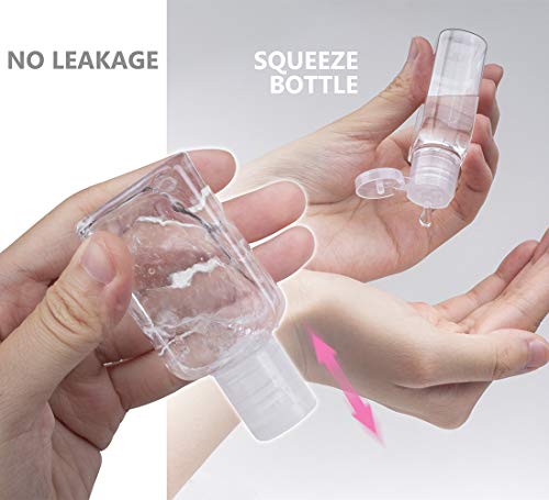 Hzran Portable Squeeze Bottle, Empty Leakproof Plastic Travel Bottle with Leather Keychain Holder for Hand Sanitizer, Essential Oil, Refillable Bottle Clips to Diaper Bag, Travel Bag(2oz 2 pack-Pink)