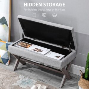 HOMCOM 35.75" Storage Ottoman, Upholstered Storage Bench with Hidden Space, Nailhead Trim and X-Shaped Wood Legs, for Living Room, Entryway, Bedroom, Grey