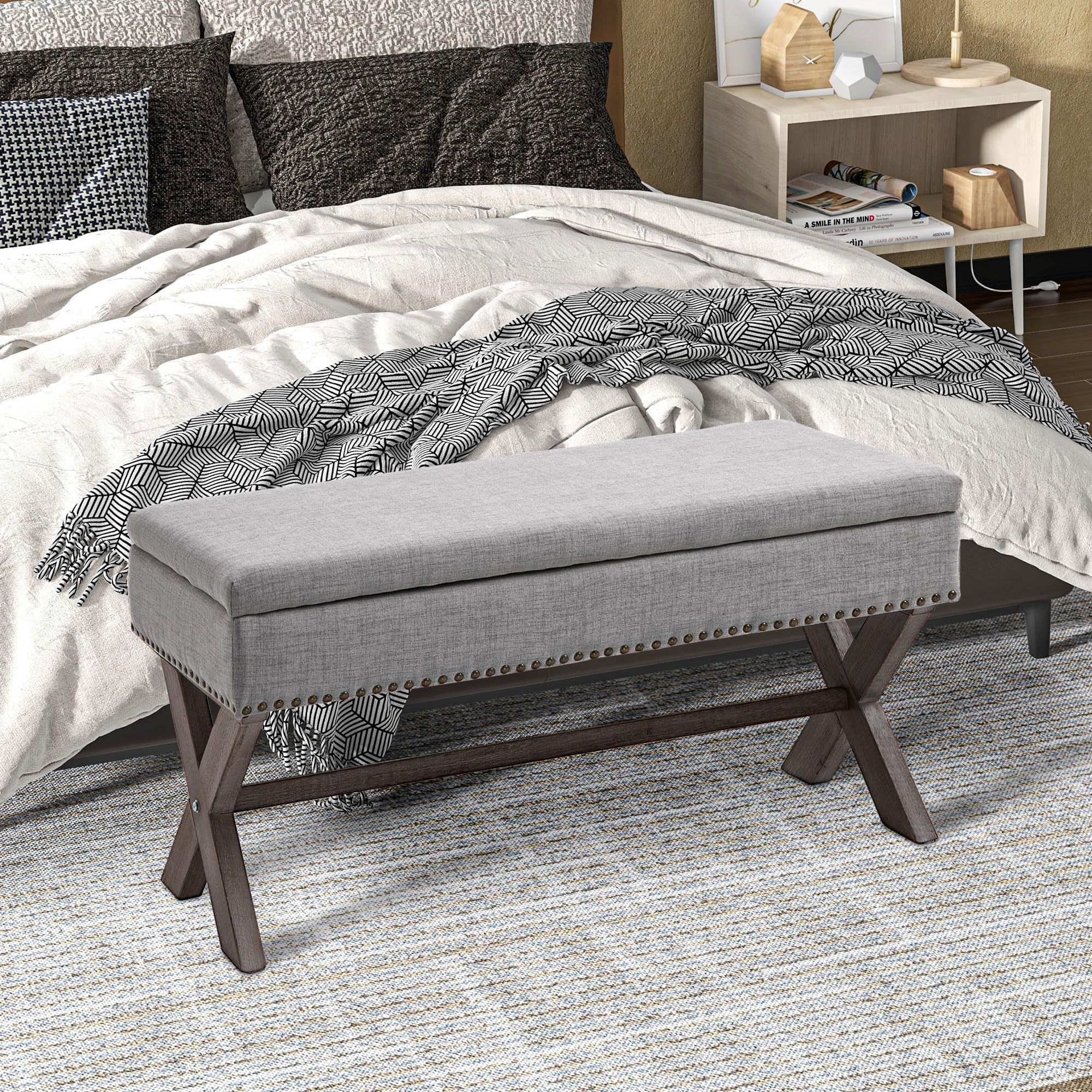 HOMCOM 35.75" Storage Ottoman, Upholstered Storage Bench with Hidden Space, Nailhead Trim and X-Shaped Wood Legs, for Living Room, Entryway, Bedroom, Grey