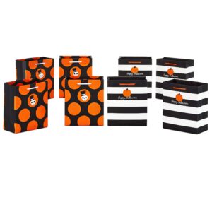 hallmark halloween bag bundle (8 small gift bags, 2 designs: pumpkin and stripes, skull and polka dots) for halloween party favors, dinner parties, treats for coworkers, neighbors, friends