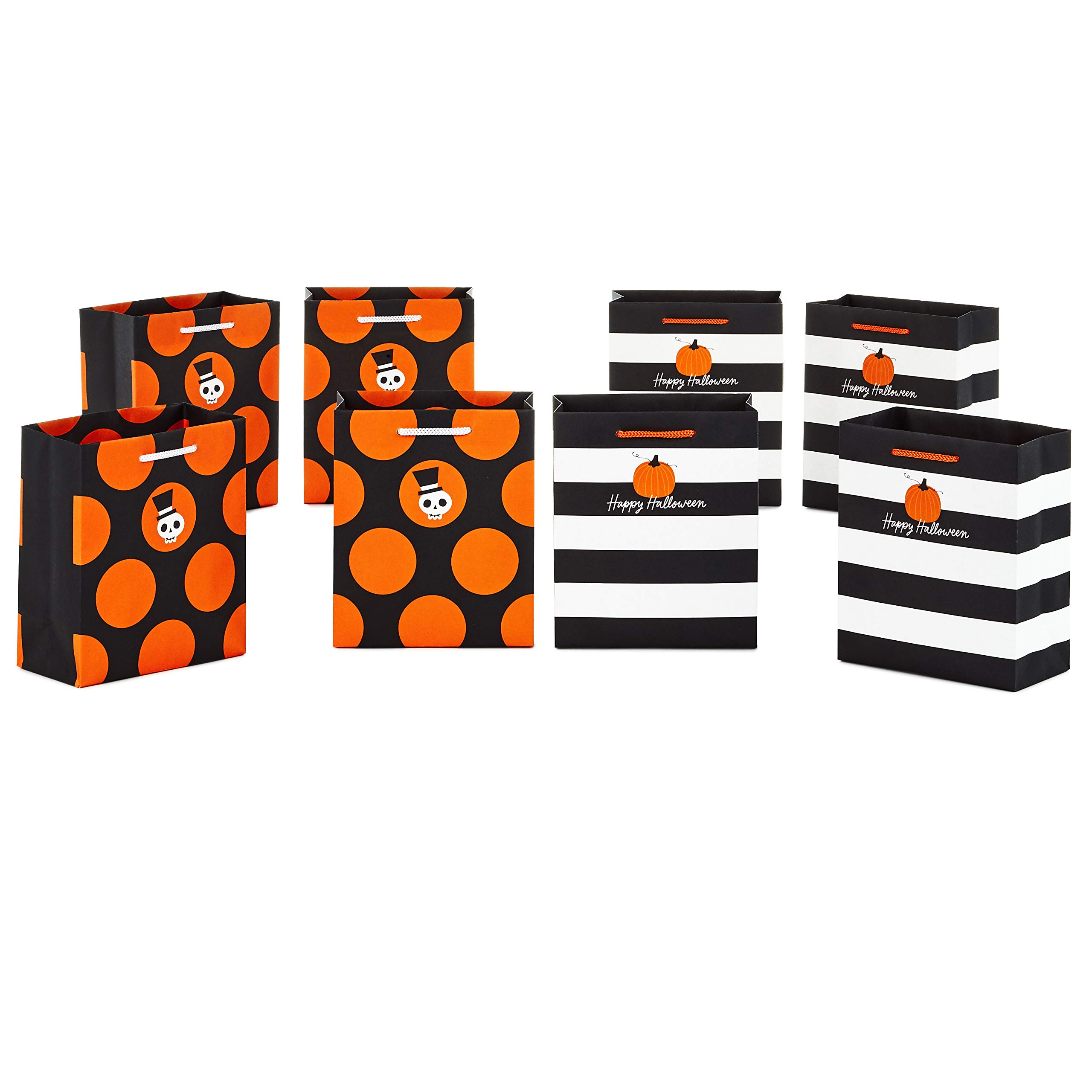 Hallmark Halloween Bag Bundle (8 Small Gift Bags, 2 Designs: Pumpkin and Stripes, Skull and Polka Dots) for Halloween Party Favors, Dinner Parties, Treats for Coworkers, Neighbors, Friends