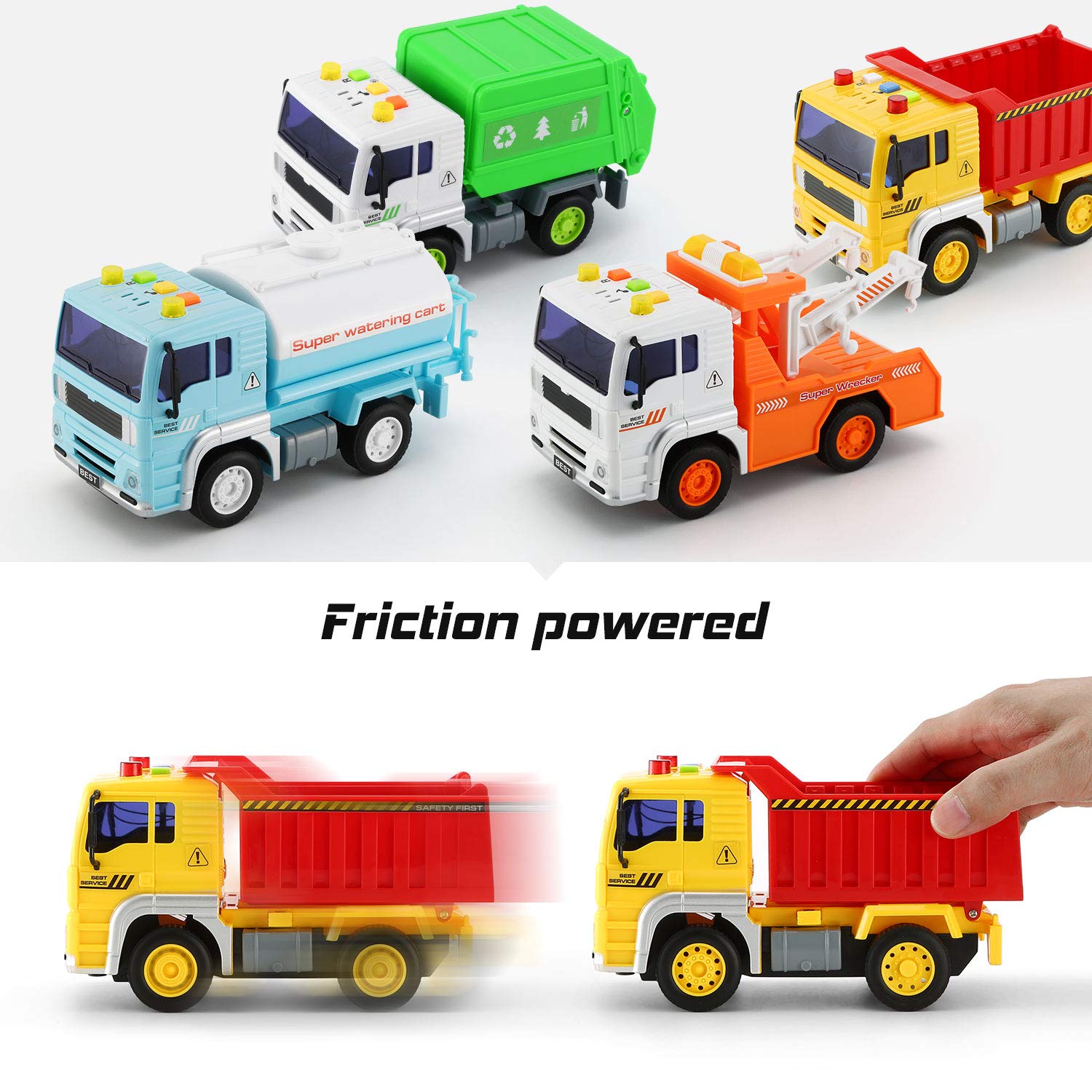 KeepRunning 4 Pack City Service Vehicle Car Truck Toy Set - Tow Truck,Dump Truck,Sprinkler,and Garbage Truck - with Friction Powered Wheels and Lights & Sounds