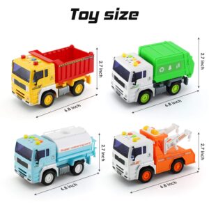 KeepRunning 4 Pack City Service Vehicle Car Truck Toy Set - Tow Truck,Dump Truck,Sprinkler,and Garbage Truck - with Friction Powered Wheels and Lights & Sounds