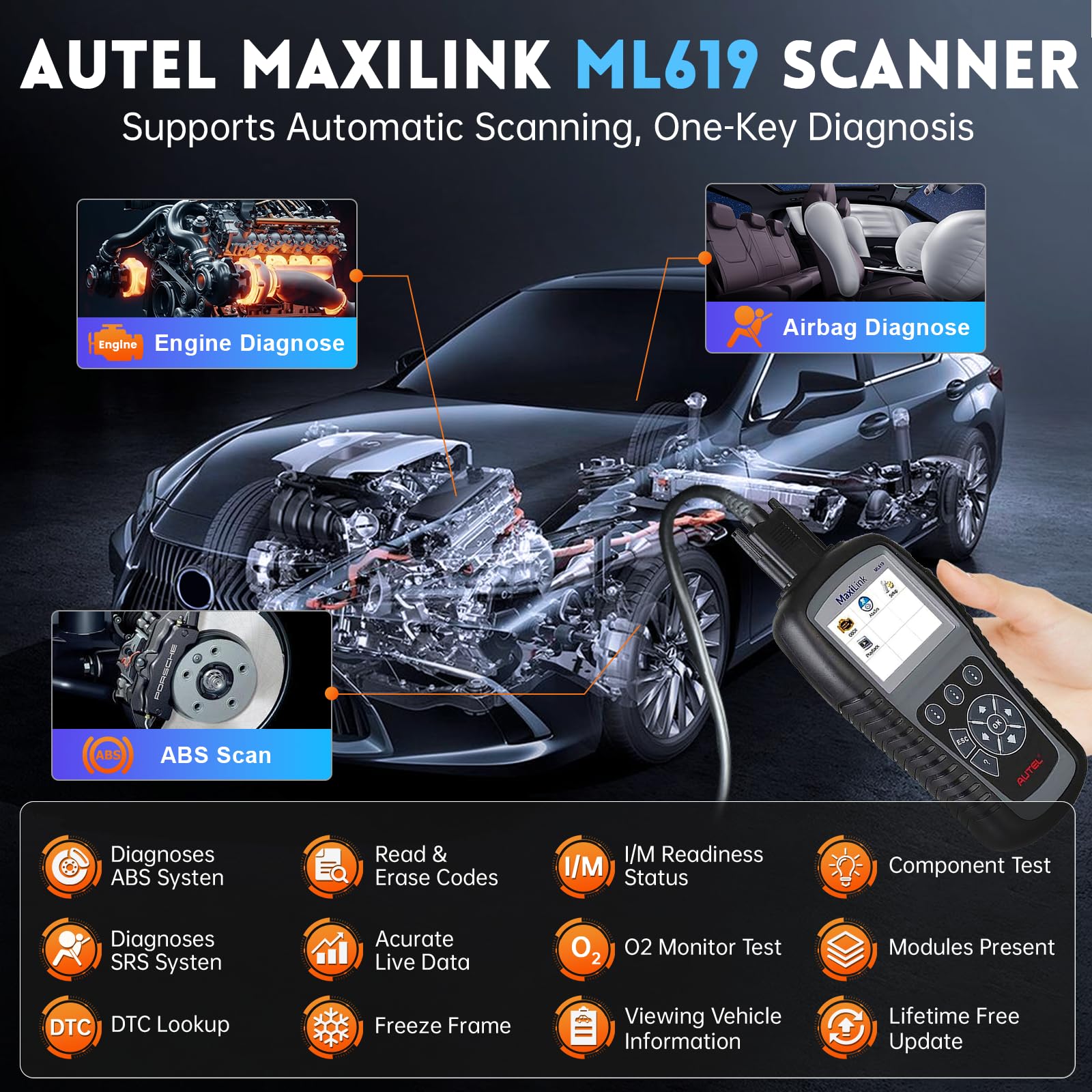 Autel MaxiLink ML529 (Upgraded Ver. of AL519) Code Reader with Lifetime Software Update, AutoVIN for Quick DTC, Turning Off Vehicle Engine/Emission Light, OBDII Scanner with One-Click Smog Check