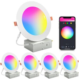 lumary 4 pack 6 inch ultra-thin smart wifi recessed lighting, canless downlight, rgbww color changing lights with junction box work with alexa/google assistant