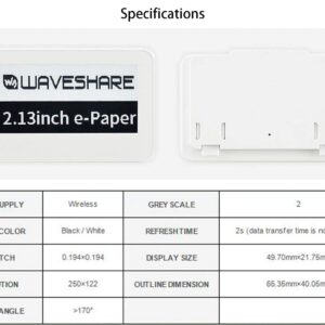 waveshare 2.13 inch Passive NFC-Powered e-Paper,250×122 Pixel, No Battery Required No Messy Wiring Novel Passive NFC Tech Wireless Powering & Data Transfer APP Provided