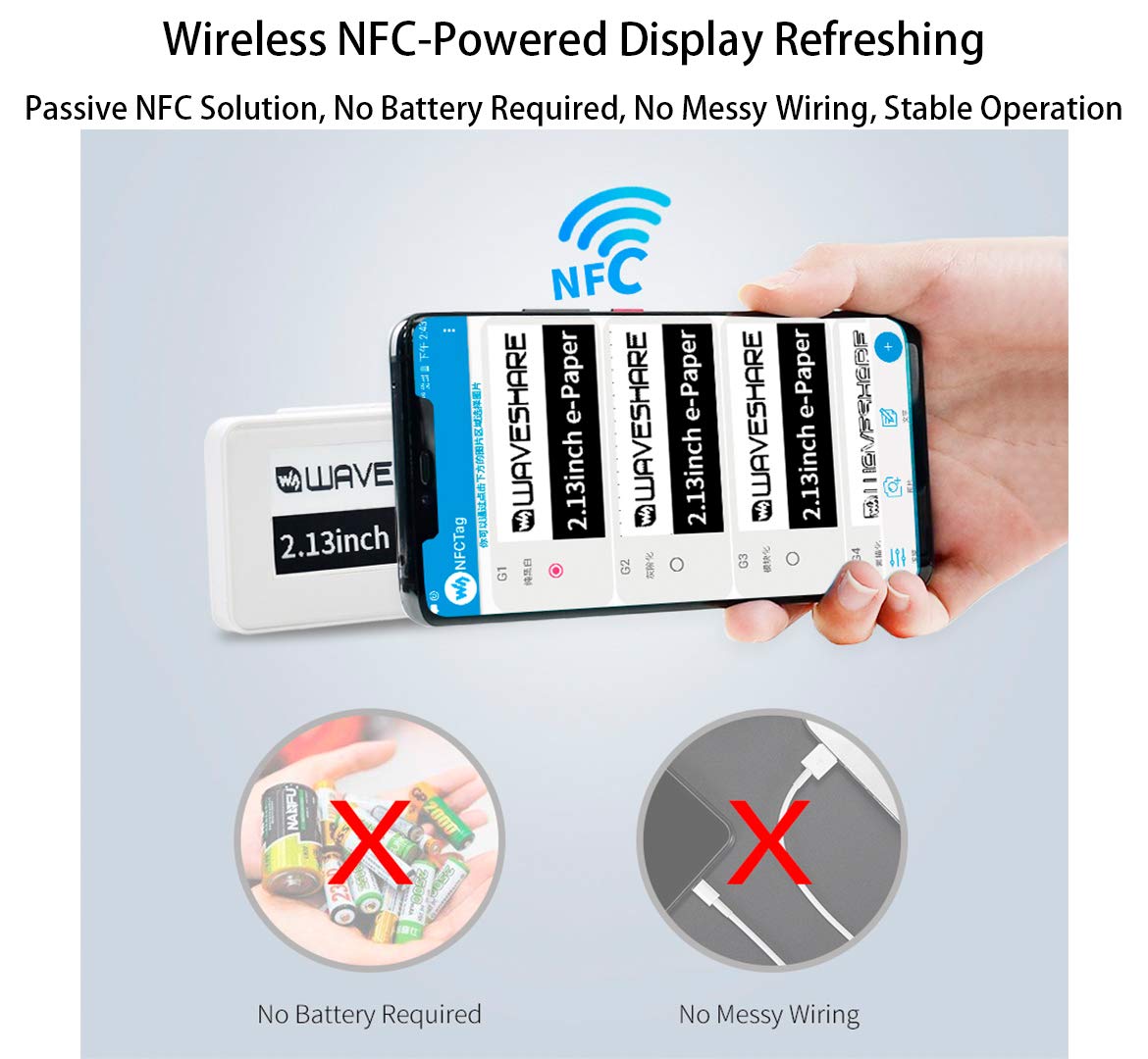 waveshare 2.13 inch Passive NFC-Powered e-Paper,250×122 Pixel, No Battery Required No Messy Wiring Novel Passive NFC Tech Wireless Powering & Data Transfer APP Provided