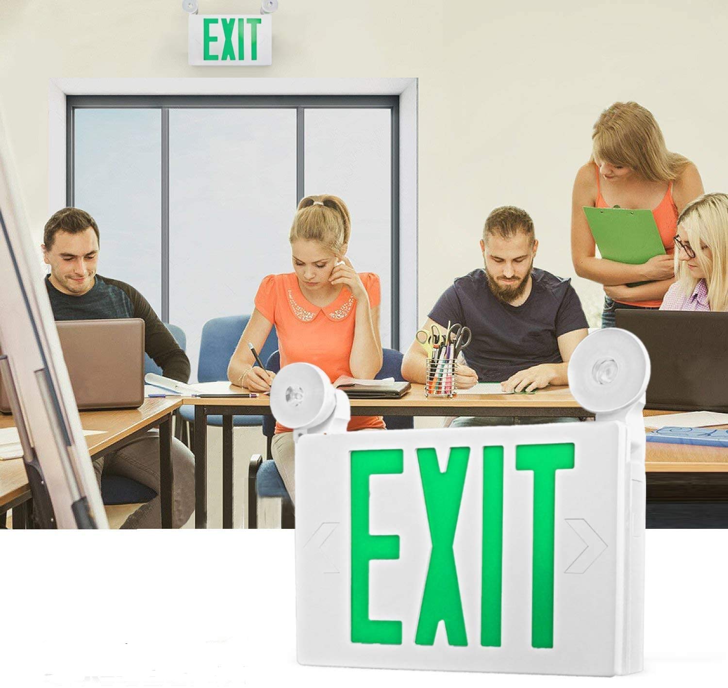 EXITLUX 1 Pack Green Led Exit Sign with Emergency Lighting Battery Backp -Two LED Adjustable Head -120V/277V-UL Listed-Exit Lighting -Dual LED Lamp ABS Fire Resistance for Power Failure.